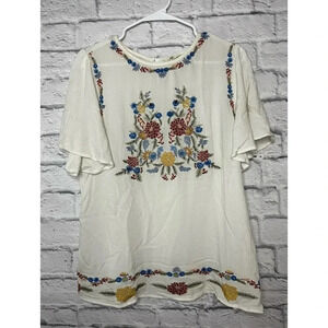 Entro white floral boho embroidered top blouse size Large.